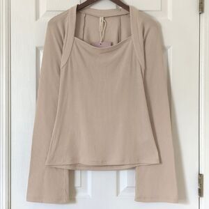 Nap Loungewear Ribbed Knit Bolero Square Neck Long Flared Sleeve Top Cream L